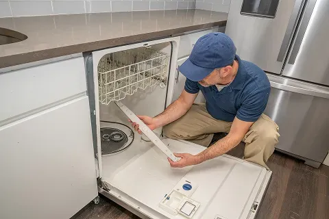 Appliance repair man removing and inspecting dishwasher spray arm blades to ensure proper water rotation and cleaning.